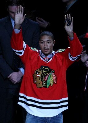 CHICAGO - MAY 07:  Derrick Rose of the Chicago Bulls acknoledges the crowd prior to dropping the puck for the ceremonial face off prior the Chicago Blackhawks hosting the Vancouver Canucks during Game Four of the Western Conference Semifinal Round of the 