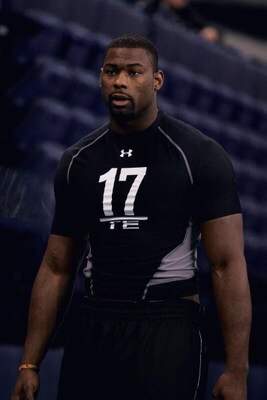 INDIANAPOLIS, IN - FEBRUARY 21:  Tight end Brandon Pettigrew of Oklahoma State performs the vertical leap during the NFL Scouting Combine presented by Under Armour at Lucas Oil Stadium on February 21, 2009 in Indianapolis, Indiana. (Photo by Scott Boehm/G