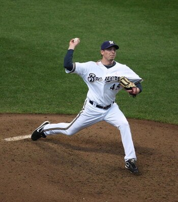 MILWAUKEE - MAY 10: Mark DiFelice #45 of the Milwaukee Brewers throws the ball against the Chicago Cubs on May 10, 2009 at Miller Park in Milwaukee, Wisconsin. The Cubs defeated the Brewers 4-2. (Photo by Jonathan Daniel/Getty Images)
