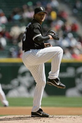 CHICAGO - APRIL 5:  Mark Buehrle #56 of the Chicago White Sox pitches against the Cleveland Indians on April 5, 2007 at U.S. Cellular Field in Chicago, Illinois. The White Sox defeated the Indians 4-3. (Photo by Jonathan Daniel/Getty Images) 