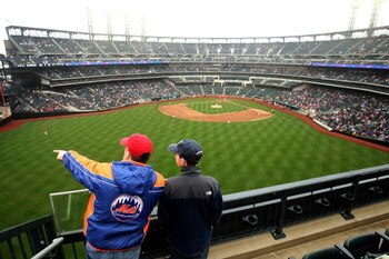 FLUSHING, NY - MARCH 29:  Spectators admire the new stadium during the Georgetown Hoyas and St. John's Red Storm game at Citi Field on March 29, 2009 in the Flushing neighborhood of the Queens borough of New York City. This is the first event to be held a