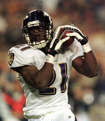 28 Jan 2001: Chris McAlister # 21 of the Baltimore Ravens makes an interception in the third quarter during Super Bowl XXXV between the Baltimore Ravens and the New York Giants at Raymond James Stadium in Tampa, Florida. Mandatory Credit: Andy Lyons/ALLSP