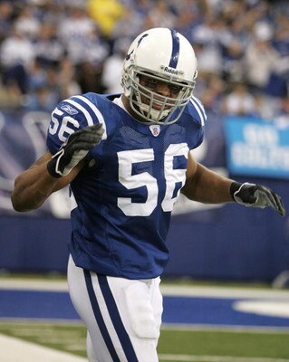 INDIANAPOLIS - JANUARY 06:  Linebacker Tyjuan Hagler #56 of the Indianapolis Colts celebrates a play against the Kansas City Chiefs during their AFC Wild Card Playoff Game January 6, 2007 at RCA Dome in Indianapolis, Indiana. The Colts won 23-8.  (Photo b
