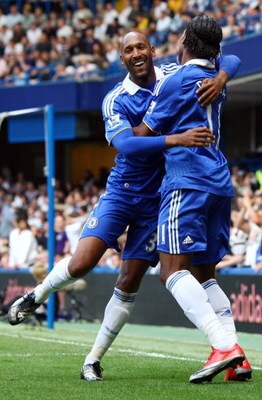 LONDON, ENGLAND - MAY 02:  Nicolas Anelka of Chelsea celebrates with his team mate Didier Drogba after Anelka scored the first goal  during the Barclays Premier League match between Chelsea and Fulham at Stamford Bridge on May 2, 2009 in London.  (Photo b