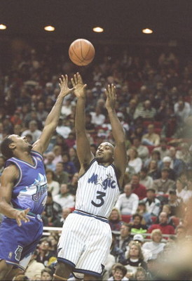 21 Dec 1996: Forward Dennis Scott of the Orlando Magic shoots the ball during a game against the Utah Jazz at the Orlando Arena in Orlando, Florida. The Jazz won the game 98-93. Mandatory Credit: Andy Lyons /Allsport