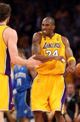 LOS ANGELES, CA - JUNE 04:  Kobe Bryant #24 of the Los Angeles Lakers reacts in the second half with teammate Pau Gasol #16 against the Orlando Magic in Game One of the 2009 NBA Finals at Staples Center on June 4, 2009 in Los Angeles, California. NOTE TO 