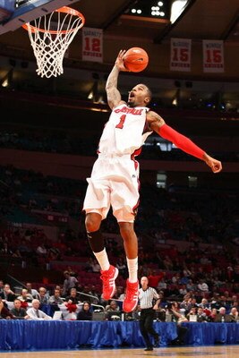 NEW YORK - MARCH 12:  Terrence Williams #1 of the Louisville Cardinals loses the ball as he goes to the hoop against the Providence Friars during the second round of the Big East Tournament at Madison Square Garden on March 12, 2009 in New York City.  (Ph