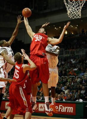 CORAL GABLES, FL - DECEMBER 02:  B.J. Mullens #32 of the Ohio State Buckeyes reaches out to grab a rebound against the Miami Hurricanes at BankUnited Center on December 2, 2008 in Coral Gables, Florida. Ohio State defeated Miami 73-68.  (Photo by Doug Ben