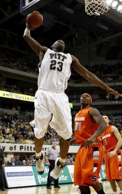 PITTSBURGH - JANUARY 19: Sam Young #23 of the Pittsburgh Panthers gets in for a second half dunk in front of Paul Harris #11 of the Syracuse Orange on January 19, 2009 at the Petersen Events Center in Pittsburgh, Pennsylvania. Pittsburgh won the game 78-6