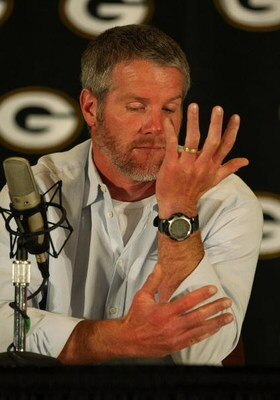 GREEN BAY, WI - MARCH 6: Quarterback Brett Favre of the Green Bay Packers announces his retirement at a press conference at Lambeau Field March 6, 2008 in Green Bay, Wisconsin. (Photo by Jonathan Daniel/Getty Images)