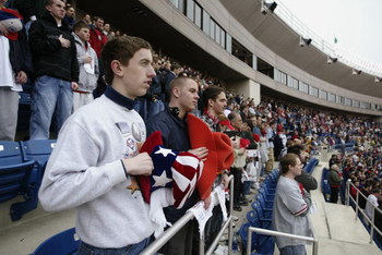 PHILADELPHIA - APRIL 4: Fans stand at attention during the national anthem before the home opener between the Philadelphia Phillies and the Pittsburgh Pirates at Veterans Stadium on April 4, 2003 in Philadelphia, Pennsylvania. The Pirates defeated the P