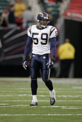 ATLANTA - OCTOBER 17:  Linebacker Donnie Edwards #59 of the San Diego Chargers gets into position during the game against the Atlanta Falcons on October 17, 2004 at the Georgia Dome in Atlanta, Georgia. The Falcons defeated the Chargers 21-20. (Photo By G