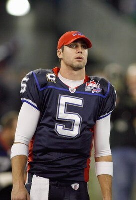 TORONTO, ON - DECEMBER 07:  Quarterback Trent Edwards #5 of the Buffalo Bills watches the action from the sidelines during the game against the Miami Dolphins on December 7, 2008 at Rogers Centre in Toronto, Ontario, Canada. The Dolphins won 16-3. (Photo 
