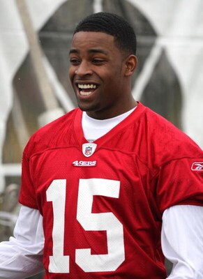 SANTA CLARA, CA - MAY 01:  Michael Crabtree #15 of the San Francisco 49ers looks on at practice during the 49ers Minicamp at their training facilities on May 1, 2009 in Santa Clara, California. Crabtree was the 49ers first round draft pick.  (Photo by Jed