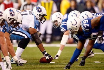 INDIANAPOLIS - DECEMBER 28:  The Tennessee Titans and the Indianapolis Colts face off at the line of scrimmage during the game at Lucas Oil Stadium December 28, 2008 in Indianapolis, Indiana.  (Photo by Jamie Squire/Getty Images)