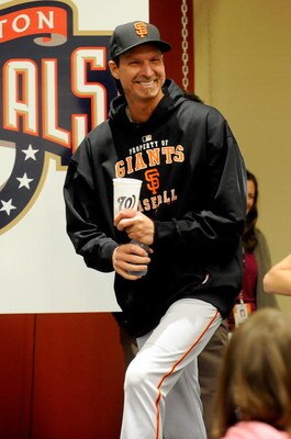 WASHINGTON - JUNE 04:  Randy Johnson #51 of the San Francisco Giants walks into the press conference after winning his 300th career game against the Washington Nationals at Nationals Park on June 4, 2009 in Washington, DC.  The Giants won the game 5-1.  (