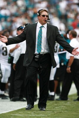JACKSONVILLE, FL - SEPTEMBER 09:  Head coach Jack Del Rio of the Jacksonville Jaguars protests a call while taking on the Tennessee Titans at Alltel Stadium on September 9, 2007 in Jacksonville, Florida. The Titans defeated the Jaguars 13-10.  (Photo by D