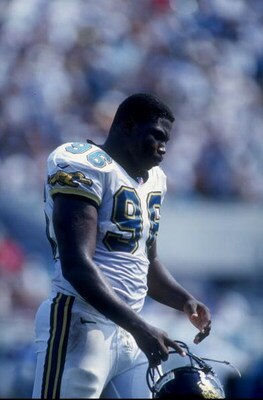 29 Sep 1996:  Clyde Simmons #96 of the Jacksonville Jaguars during the Jaguars 24-14 win over the Carolina Panthers at Alltell Stadium in Jacksonville, Florida. Mandatory Credit: Andy Lyons  /Allsport