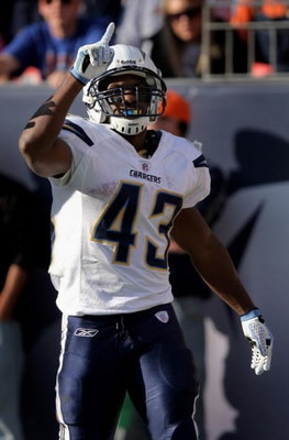 DENVER - SEPTEMBER 14:  Darren Sproles #43 of the San Diego Chargers celebrates his 66 yard touchdown reception against the Denver Broncos during NFL action at Invesco Field at Mile High on September 14, 2008 in Denver, Colorado. Sproles returned a kick o