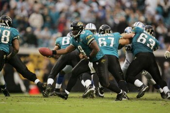 JACKSONVILLE, FL - NOVEMBER 14:  Quarterback David Garrard #9 of the Jacksonville Jaguars looks to hand off the ball against the Detroit Lions at Alltel Stadium on November 14, 2004 in Jacksonville, Florida. The Jaguars defeated the Lions in overtime 23-1