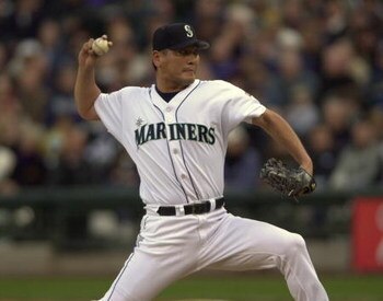 11 Oct 2001:  Reliever Kazuhiro Sasaki of the Seattle Mariners delivers a pitch in the ninth inning against the Cleveland Indians in Game 2 of the American League Division Series at Safeco Field in Seattle, Washington.  The Mariners won 5-1 to tie the ser
