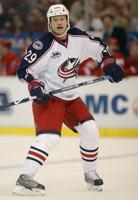 DETROIT, MI - MARCH 7:  Jason Williams #29 of the Columbus Blue Jackets skates in a game against the Detroit Red Wings on March 7, 2009 at Joe Louis Arena in Detroit, Michigan. (Photo by Claus Andersen/Getty Images)