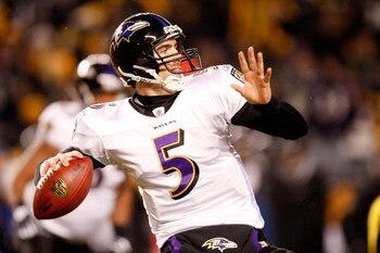 PITTSBURGH - JANUARY 18:  Quarterback Joe Flacco #5 of the Baltimore Ravens looks to pass against the  Pittsburgh Steelers during the first quarter AFC championship game on January 18, 2009 at Heinz Field in Pittsburgh, Pennsylvania.  (Photo by Gregory Sh