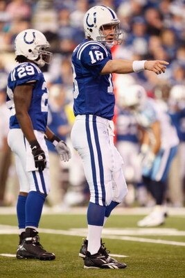 INDIANAPOLIS - DECEMBER 28:  Quarterback Peyton Manning #18 of the Indianapolis Colts motions on the field during the game against the Tennessee Titans on December 28, 2008 at Lucas Oil Stadium in Indianapolis, Indiana. (Photo by: Jamie Squire/Getty Image
