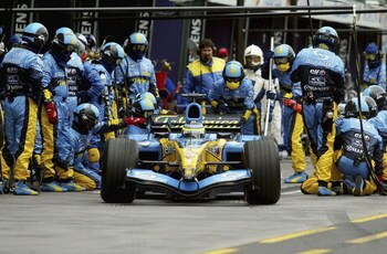 MELBOURNE, AUSTRALIA - MARCH 6:  Renault Formula One driver Giancarlo Fisichella of Italy drives away from his team's pit area after refuelling during the Australian Formula One Grand Prix at Albert Park on March 6, 2005 in Melbourne, Australia. (Photo by