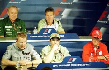 21 Sep 2000: Mika Hakkinen of Finland and Jacques Villeneuve of Canada and Michael Schumacher of Germany during the pre race press conference for the United States Grand Prix at Indianapolis, USA. Mandatory Credit: Clive Mason/ALLSPORT