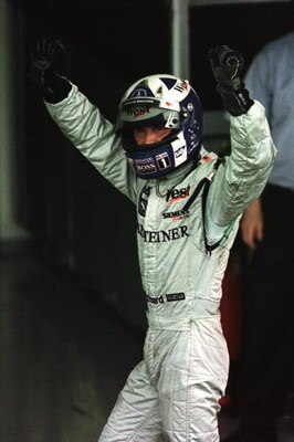 01 Apr 2001:  Race winner David Couthard of McLaren celebrates his win at the Formula One Brazilian Grand Prix at the Interlagos Circuit, Sao Paulo, Brazil. Mandatory Credit: Clive Mason/ALLSPORT