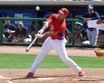 CLEARWATER, FL - FEBRUARY 28:  Outfielder Raul Ibanez #29 of the  Philadelphia Phillies bats against the Tampa Bay Rays February 28, 2009 at Bright House Field in Clearwater, Florida.  (Photo by Al Messerschmidt/Getty Images)
