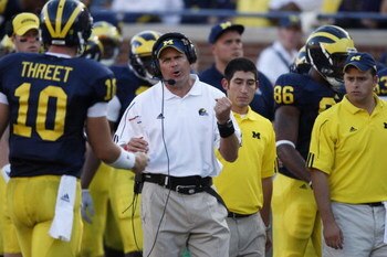 ANN ARBOR, MI - SEPTEMBER 27:  Head coach Rich Rodriguez of the Michigan Wolverines reacts during the game against the Wisconsin Badgers on September 27, 2008 at Michigan Stadium in Ann Arbor, Michigan. (Photo by Gregory Shamus/Getty Images) 