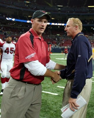 ST. LOUIS - NOVEMBER 02:  Head coach Jim Haslett of the St. Louis Rams congratulates head coach Ken Whisenhunt of the Arizona Cardinals after the game on November 2, 2008 at the Edwards Jones Dome in St. Louis, Missouri. The Arizona Cardinals defeated the
