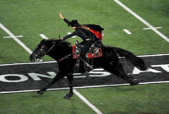 LUBBOCK, TX - NOVEMBER 08:  The Texas Tech Red Raiders Masked Rider during a game against the Oklahoma State Cowboys at Jones AT&T Stadium on November 8, 2008 in Lubbock, Texas.  (Photo by Ronald Martinez/Getty Images)