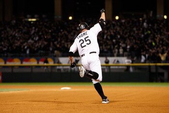 CHICAGO - SEPTEMBER 30:  Jim Thome #25 of the Chicago White Sox celebrates as he runs the bases after hitting a solo home run to give the White Sox a 1-0 lead in the bottom of the seventh inning against the Minnesota Twins during the American League Centr