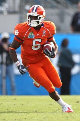 JACKSONVILLE, FL - JANUARY 1:  Jacoby Ford #6 of the Clemson Tigers runs for yardage after a reception during the Konica Minolta Gator Bowl against the Nebraska Cornhuskers at Jacksonville Municipal Stadium January 1, 2009 in Jacksonville, Florida.  (Phot