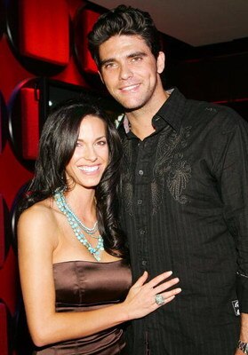 LAS VEGAS - AUGUST 06:  Tennis player Mark Philippoussis (L) and Amanda Salinas pose after watching the finale of the television show 'Age of Love' at the EXTRA Lounge at the Planet Hollywood Resort & Casino August 6, 2007 in Las Vegas, Nevada. Salinas wa