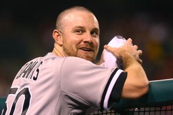 ANAHEIM, CA - MAY 25:  John Danks #50 of the Chicago White Sox is all smiles after coming out of the game in the sixth inning against the Los Angeles Angels of Anaheim at Angel Stadium on May 25, 2009 in Anaheim, California.  (Photo by Jeff Gross/Getty Im