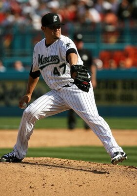 MIAMI - APRIL 06:  Starting pitcher Ricky Nolasco #47 of the Florida Marlins pitches against the Washington Nationals on opening day at Dolphin Stadium on April 6, 2009 in Miami, Florida.  (Photo by Doug Benc/Getty Images)