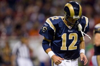 ST. LOUIS, MO - NOVEMBER 23:  Trent Green #12 of the St. Louis Rams leaves the field after throwing an interception against the Chicago Bears at the Edward Jones Dome on November 23, 2008 in St. Louis, Missouri.  The Bears beat the Rams 27-3.  (Photo by D