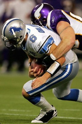 MINNEAPOLIS - OCTOBER 12:  Quarterback Dan Orlovsky #6 of the Detroit Lions is sacked by Jared Allen #69 of the Minnesota Vikings at the HHH Metrodome October 12, 2008 in Minneapolis, Minnesota.  (Photo by Matthew Stockman/Getty Images)