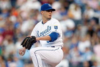 KANSAS CITY - MAY 14: Gil Meche #55 of the Kansas City Royals lines up the pitch during the game between the Baltimore Orioles on May 14, 2009 at Kauffman Stadium in Kansas City, Missouri. (Photo by: Jamie Squire/Getty Images)