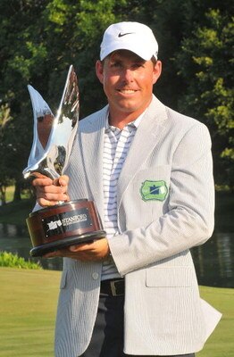 MEMPHIS, TN - JUNE 08: Justin Leonard with the winners trophy  during the fourth and final round of the Standford St. Jude Championship at the TPC Southwind on Sunday, June 8, 2008 in Memphis, Tennessee  (Photo by Marc Feldman/Getty Images)