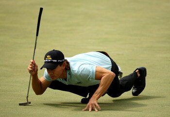 CHARLOTTE, NC - MAY 01:  Camilo Villegas of Colombia lines up a putt on the 3rd green during the second round of the Quail Hollow Championship at Quail Hollow Golf Club on May 1, 2009 in Charlotte, North Carolina.  (Photo by Richard Heathcote/Getty Images