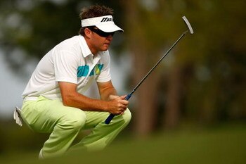 HILTON HEAD ISLAND, SC - APRIL 19:  Brian Gay lines up a putt on the 17th hole during the final round of the Verizon Heritage at Harbour Town Golf Links on April 19, 2009 in Hilton Head Island, South Carolina.  (Photo by Streeter Lecka/Getty Images)