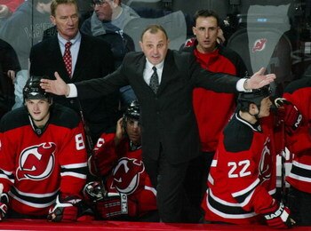 NEWARK, NJ - FEBRUARY 23:  Head coach Brent Sutter of the New Jersey Devils argues a call in his game against the New York Islanders at the Prudential Center February 23, 2008 in Newark, New Jersey. The Devils defeated the Islanders 4-2.  (Photo by Bruce 