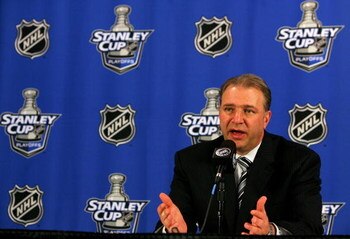 PITTSBURGH - MAY 11:  Head coach Michel Therrien of the Pittsburgh Penguins speaks to the media after his team's 4-2 victory over the Philadelphia Flyers in game two of the Eastern Conference Finals of the 2008 NHL Stanley Cup Playoffs at Mellon Arena on 