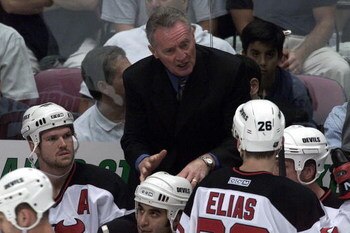 7 Jun 2001: New Jersey Devils head coach Larry Robinson adresses his team during game 6 of the Stanley Cup Finals against the Colorado Avalanche at Continental Airlines Arena in East Rutherford, New Jersey . The Avalanche defeated the Devils 4-0. DIGITAL 