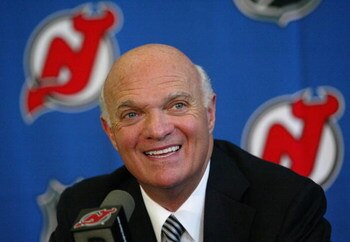 NEWARK, NJ - JULY 13:  General Manager Lou Lamoriello of the New Jersey Devils introduces his new head coach Brent Sutter at a news conference on July 13, 2007 at the National newark Building in Newark, New Jersey.  (Photo by Bruce Bennett/Getty Images)